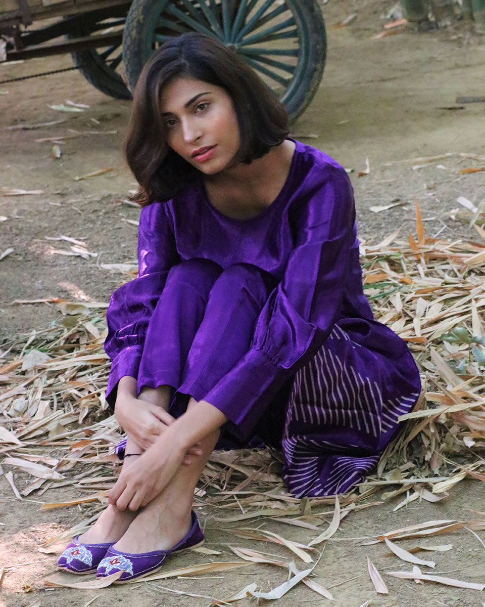 Mystic Purple Hand Blockprinted Mashru Silk Kurta -LD