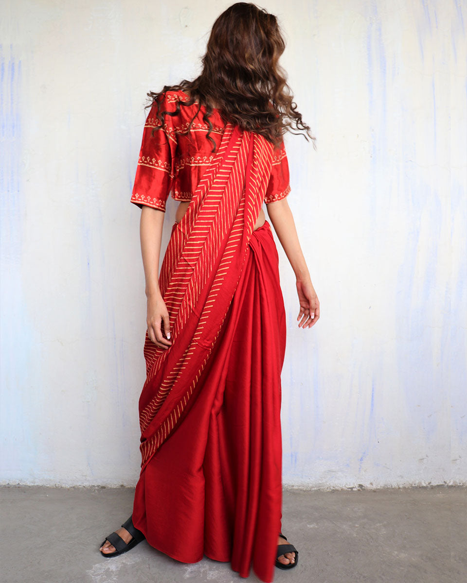 Red Modal Silk Blockprinted Saree - Kite