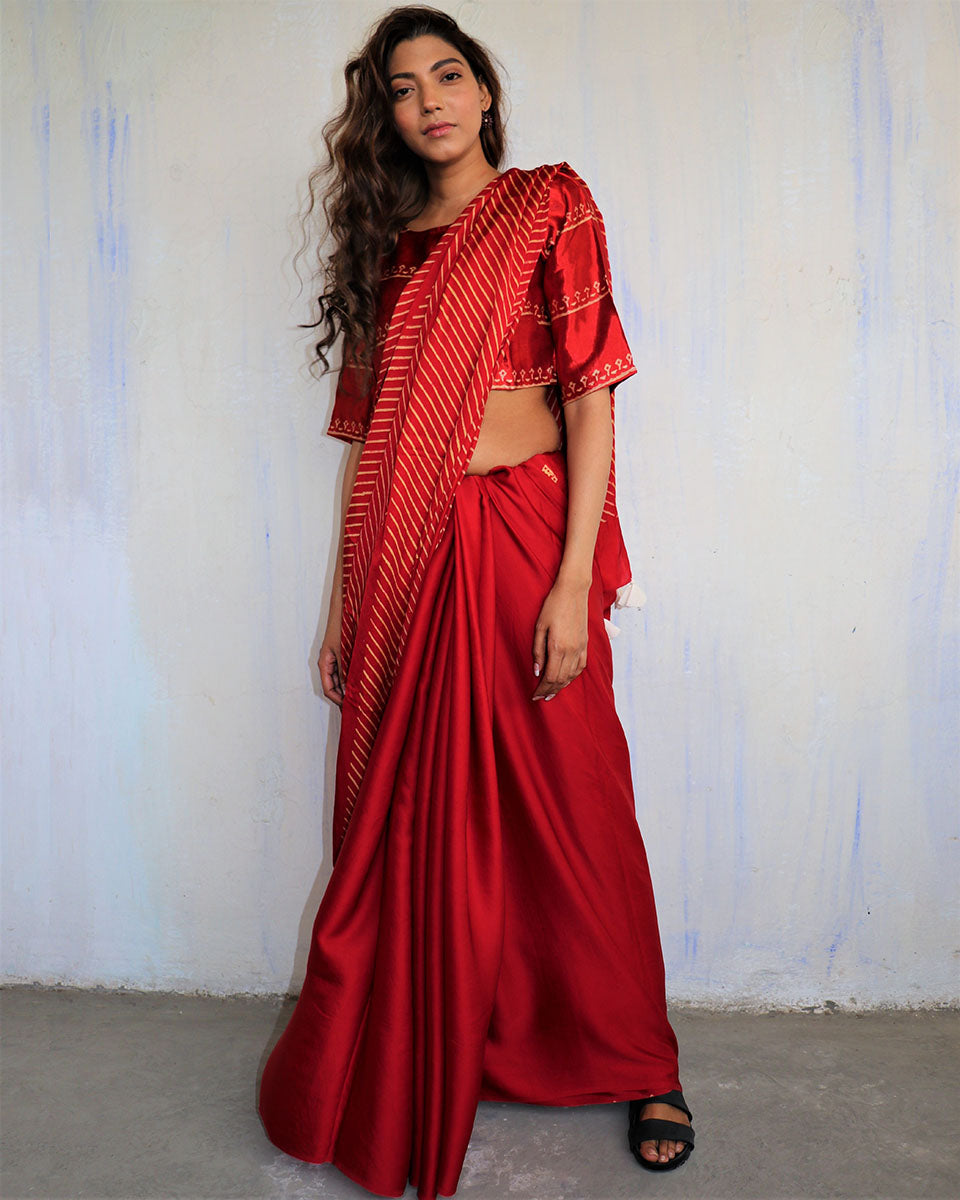 Red Modal Silk Blockprinted Saree - Kite