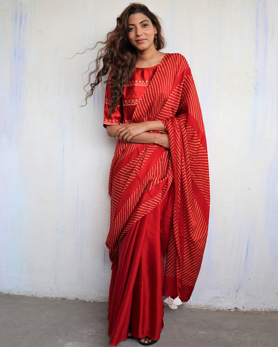Red Modal Silk Blockprinted Saree - Kite