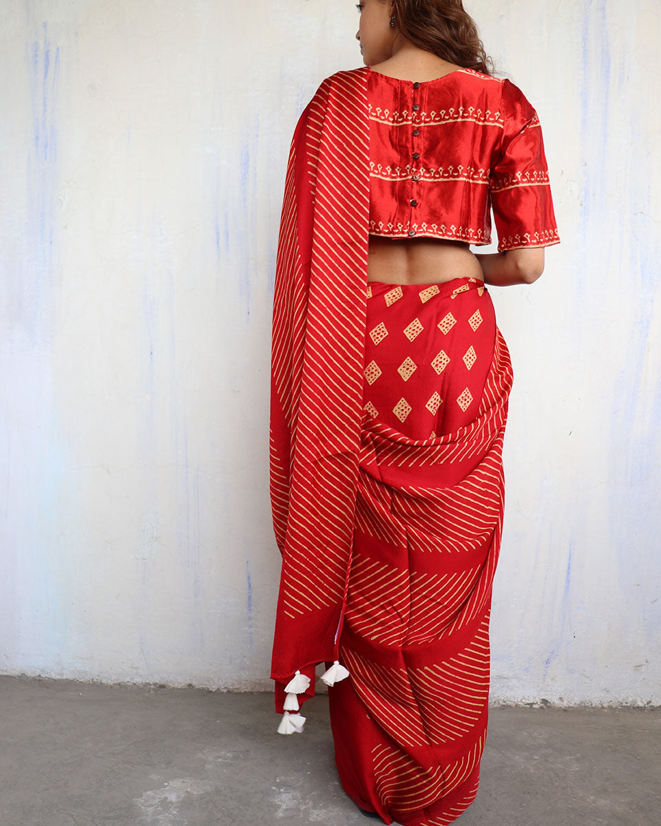 Red Modal Silk Blockprinted Saree - Kite