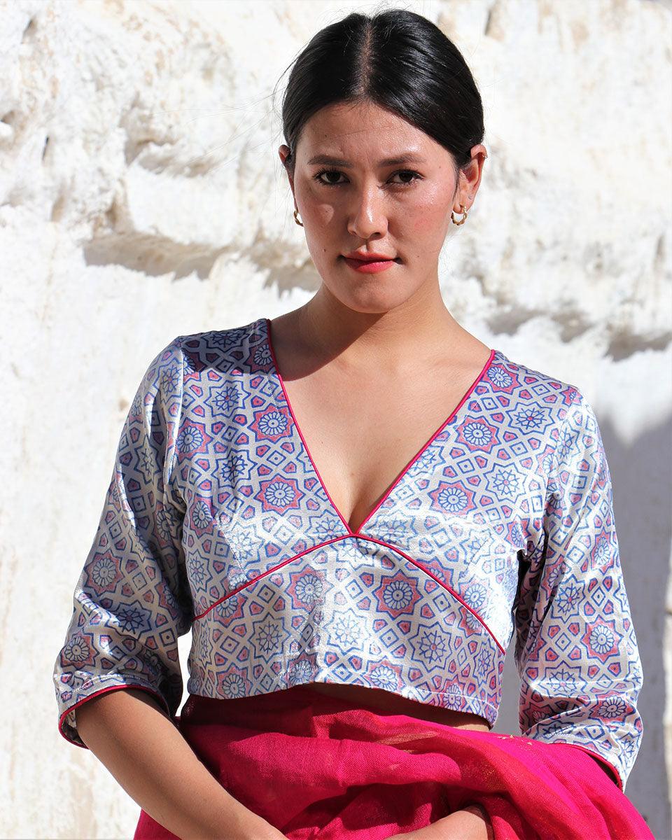 Red & Silver Blockprinted Mashru Silk Blouse-Lagn