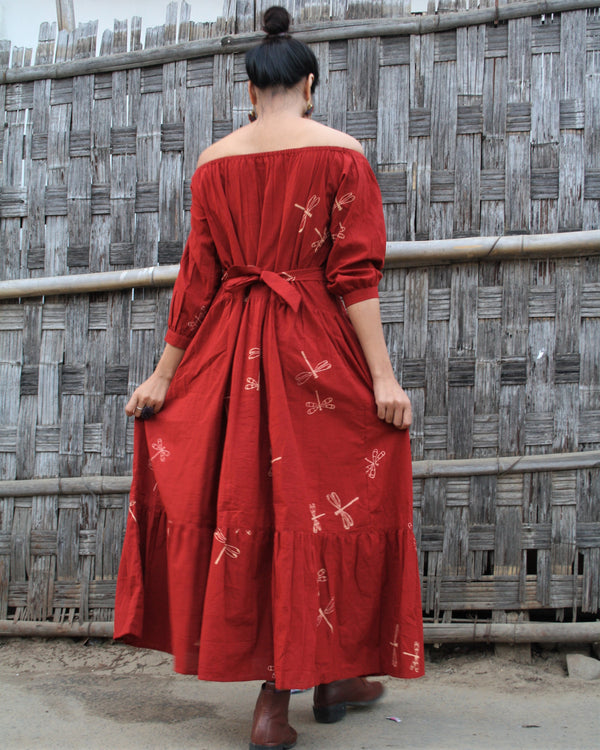 Red Dragonfly Blockprinted Offshoulder Cotton Dress