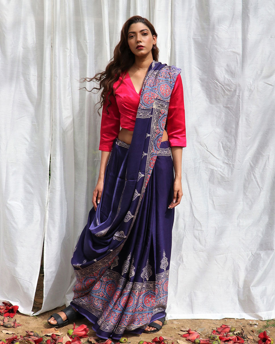Blue Modal Silk Blockprinted Saree - Kite