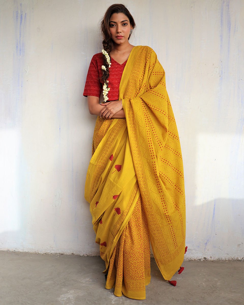 Yellow Blockprinted Cotton Mul Saree - God
