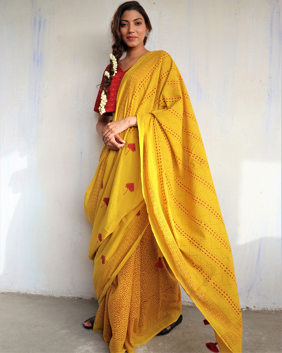 Yellow Blockprinted Cotton Mul Saree - God