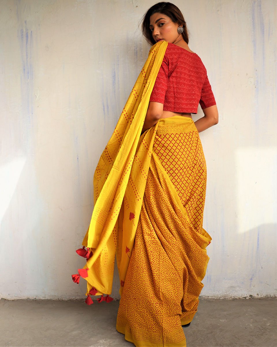 Yellow Blockprinted Cotton Mul Saree - God
