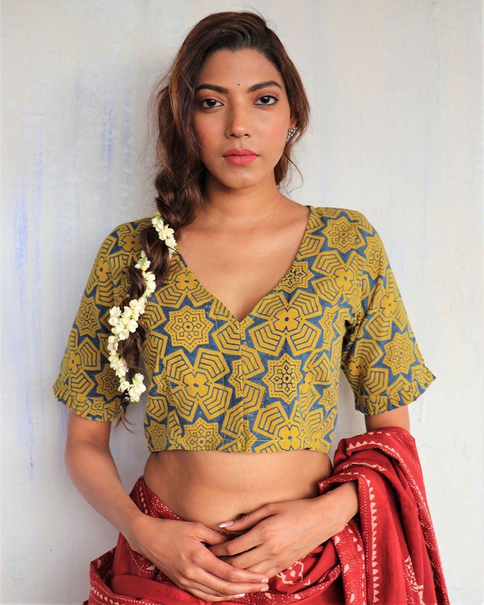 Yellow Hand Block-Printed Cotton Blouse-God