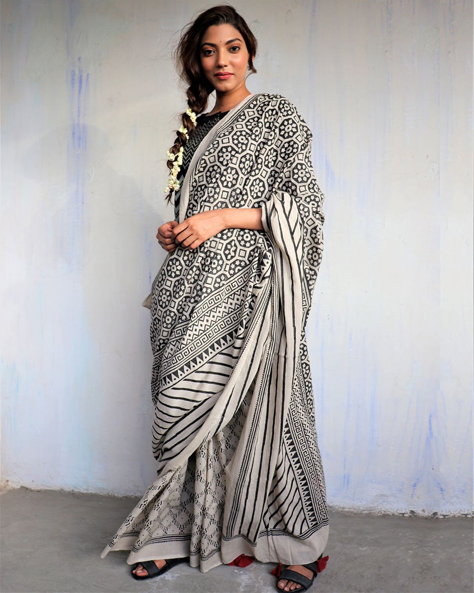 Ivory Black Blockprinted Cotton Mul Saree - God