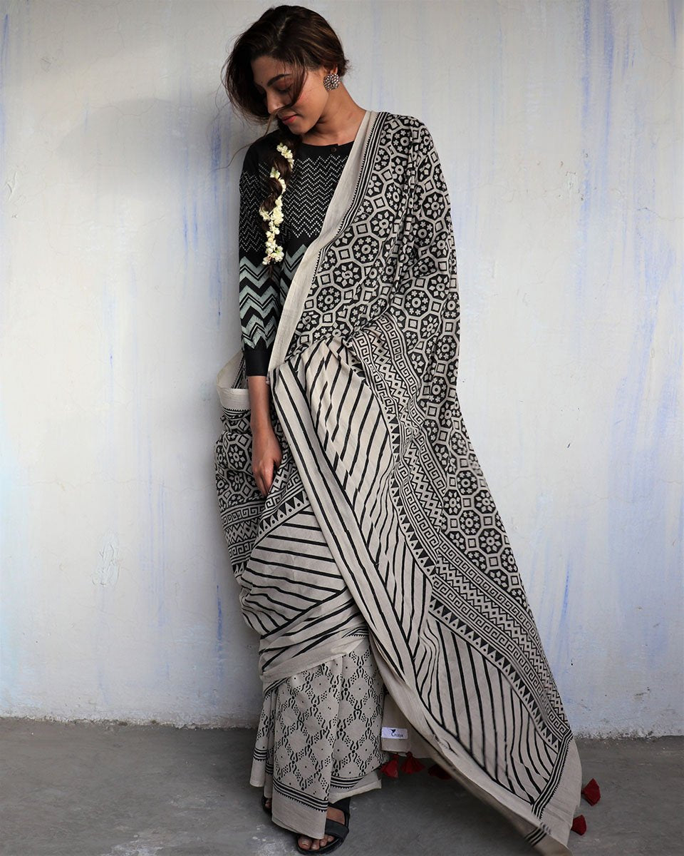 Ivory Black Blockprinted Cotton Mul Saree - God