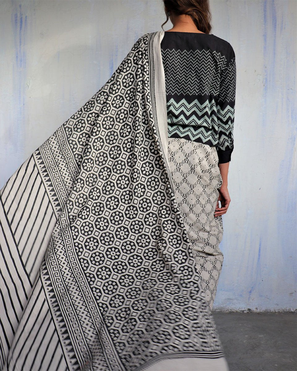 Ivory Black Blockprinted Cotton Mul Saree - God