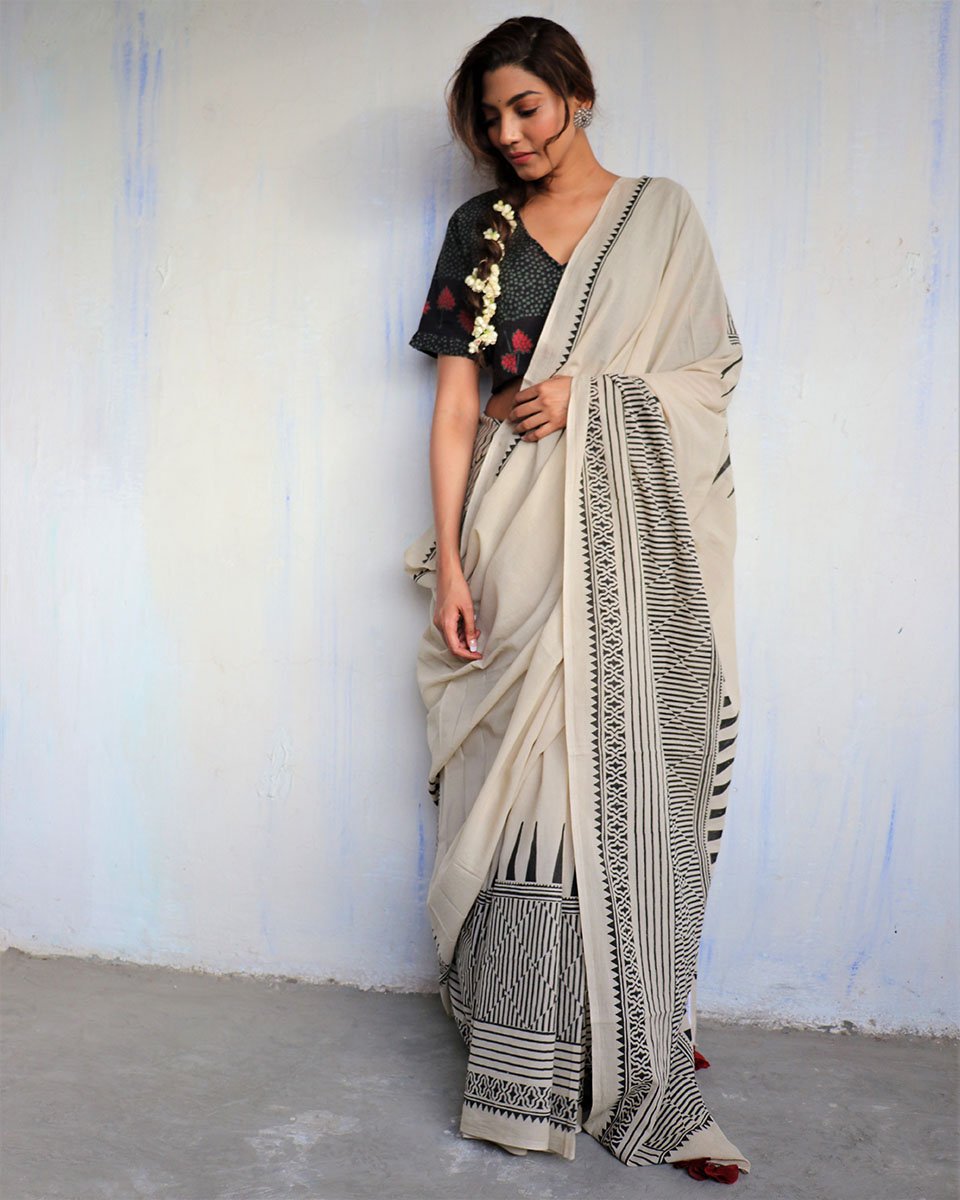 Ivory Blockprinted Cotton Mul Saree - God
