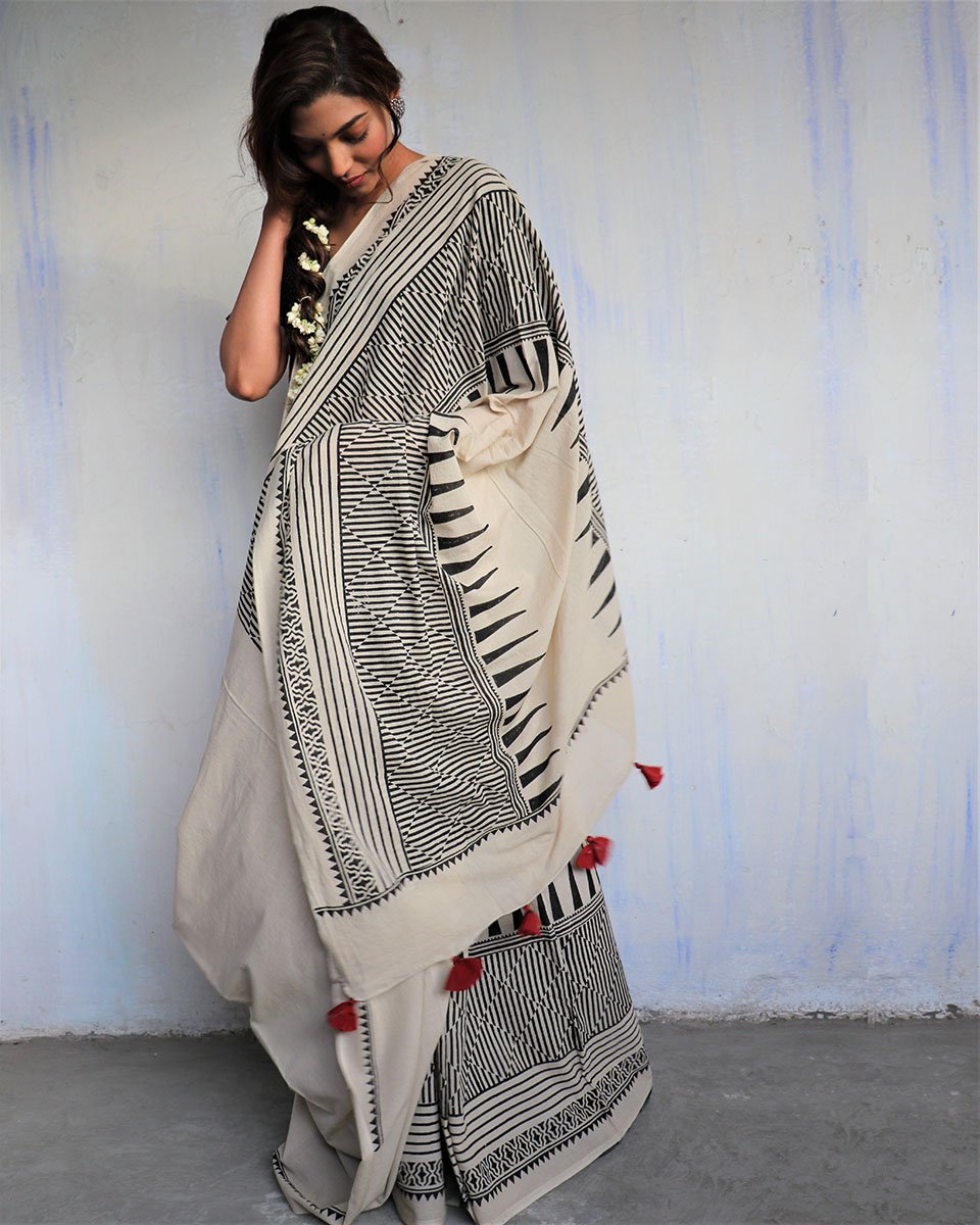 Ivory Blockprinted Cotton Mul Saree - God