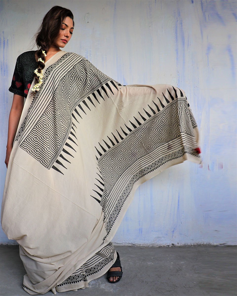 Ivory Blockprinted Cotton Mul Saree - God