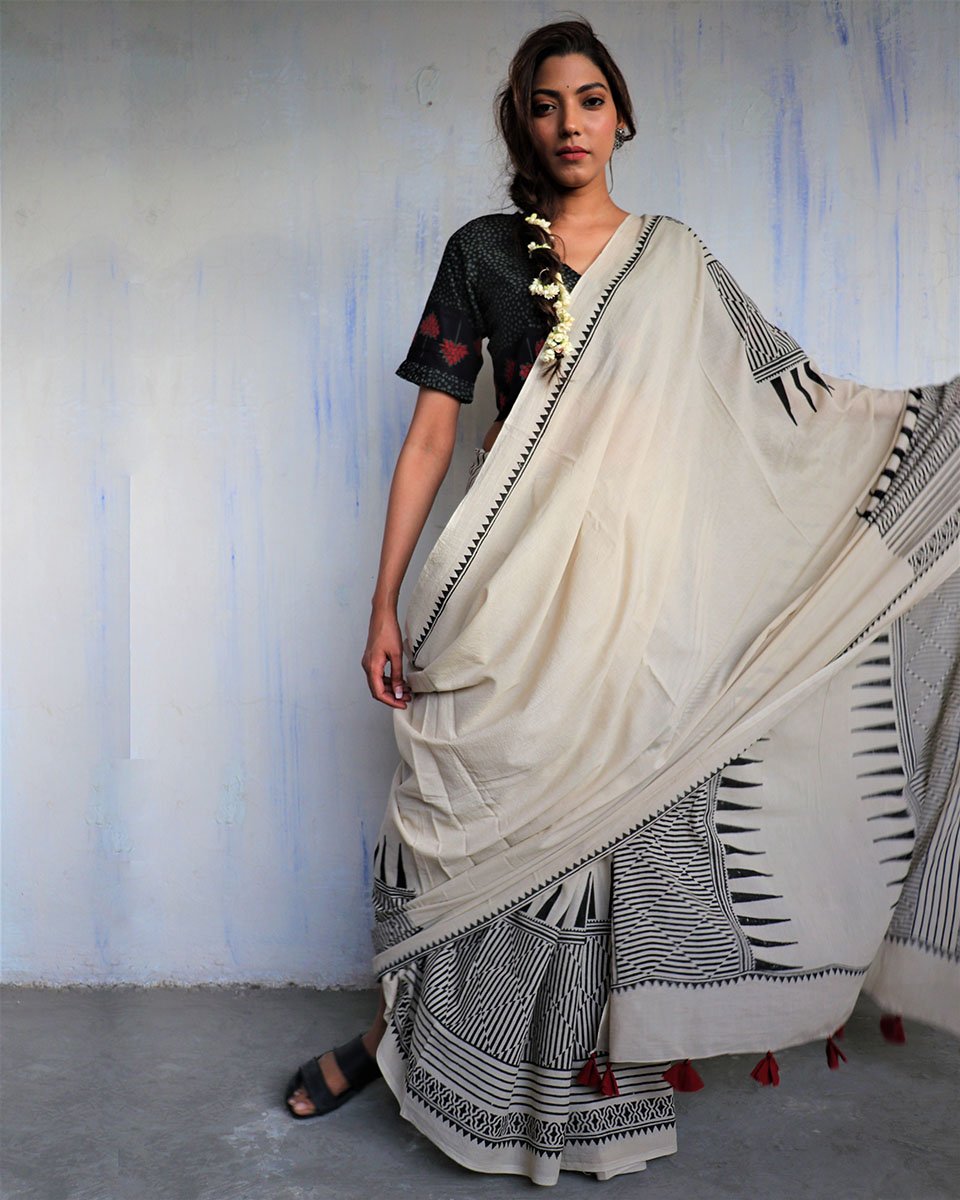 Ivory Blockprinted Cotton Mul Saree - God