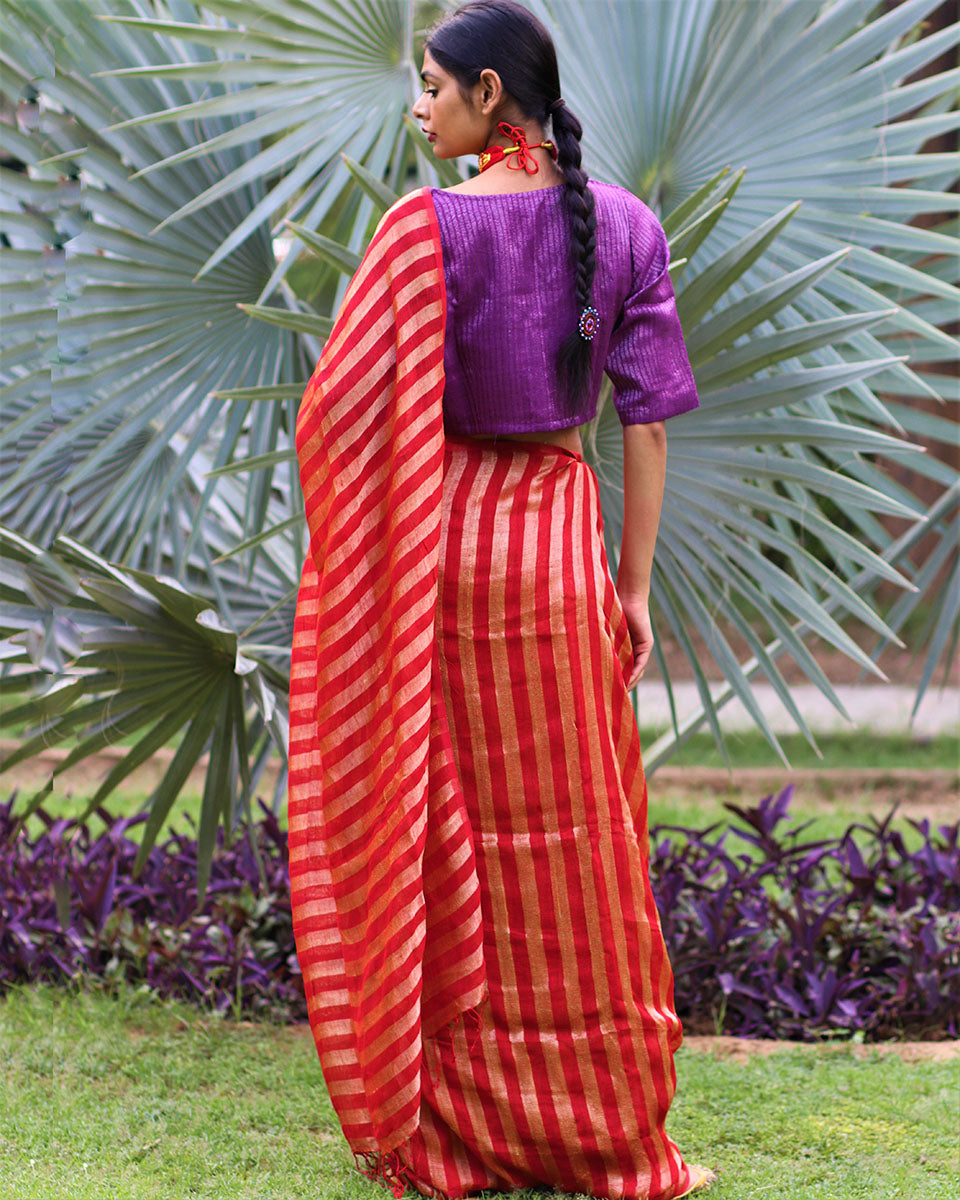Gulmohar Handwoven Linen Saree - Bageecha