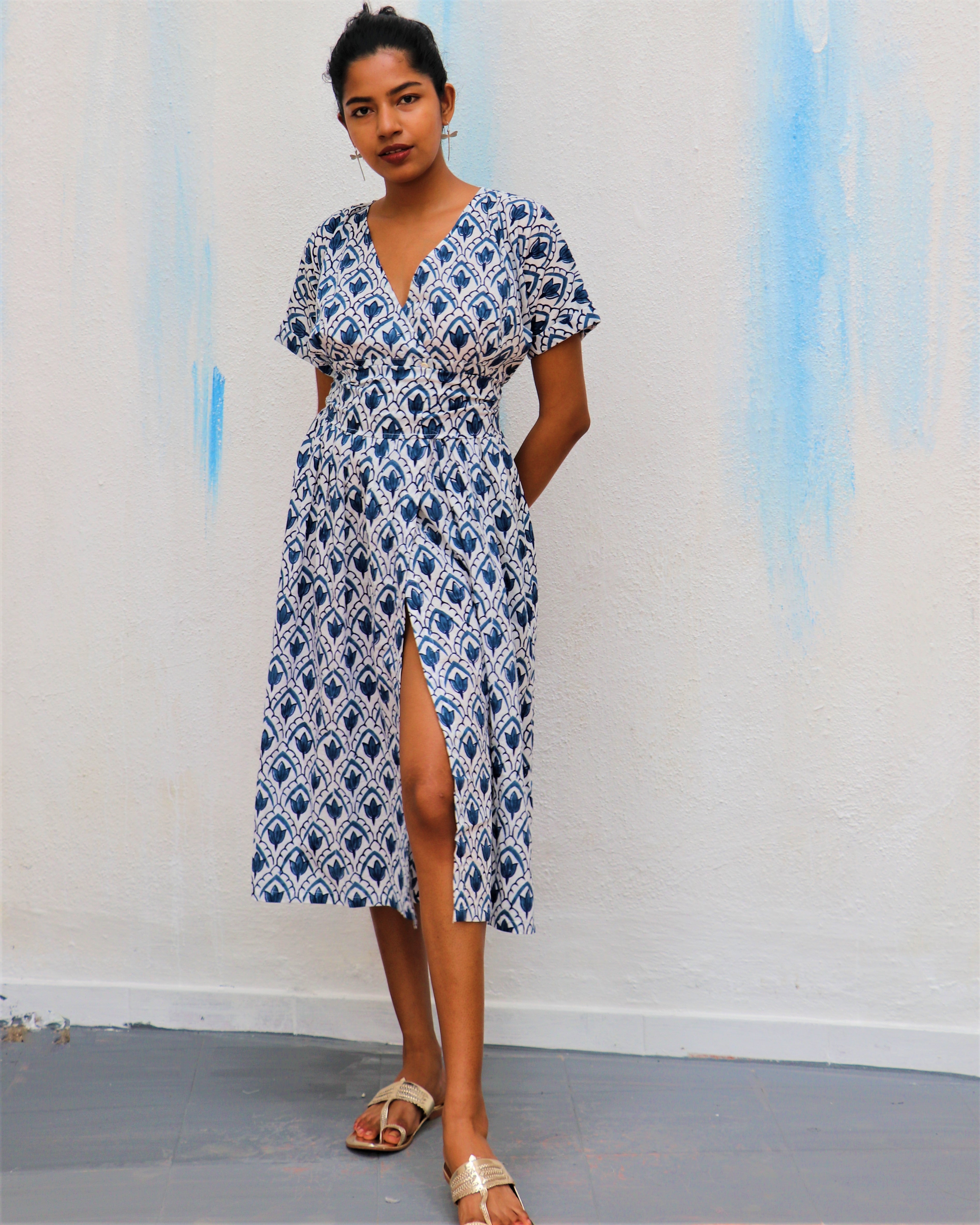 Ivory Leaves Block Printed Cotton Slit Dress - Wic
