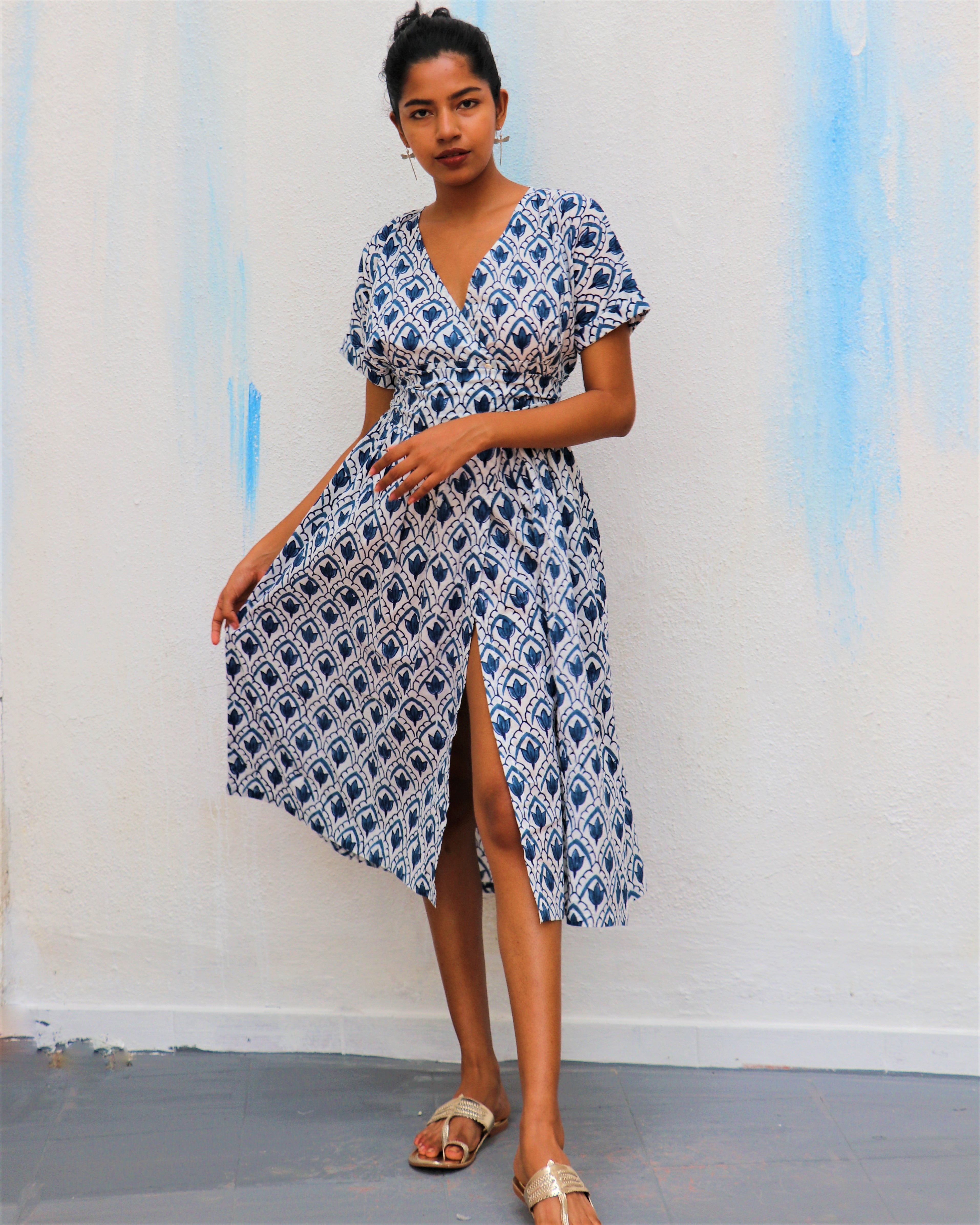 Ivory Leaves Block Printed Cotton Slit Dress - Wic