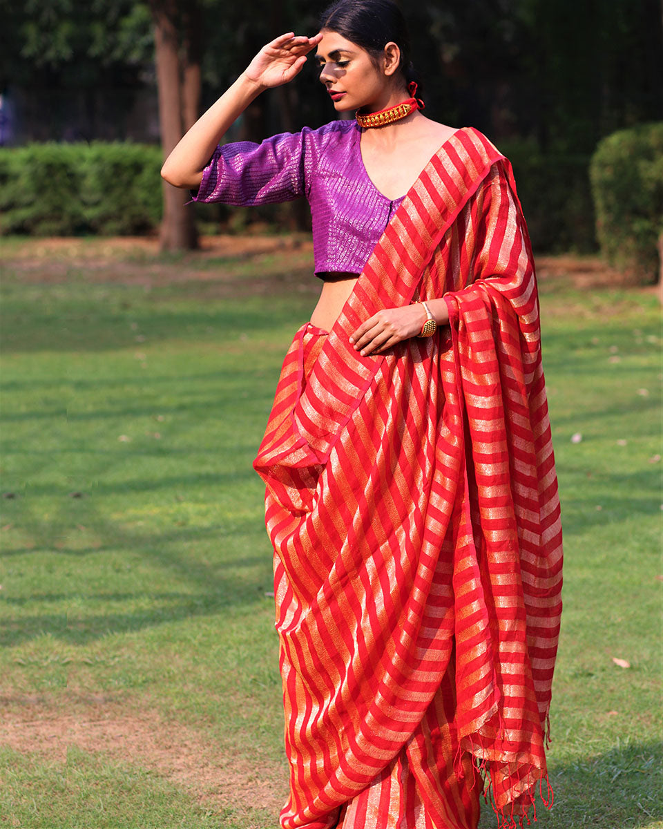 Gulmohar Handwoven Linen Saree - Bageecha