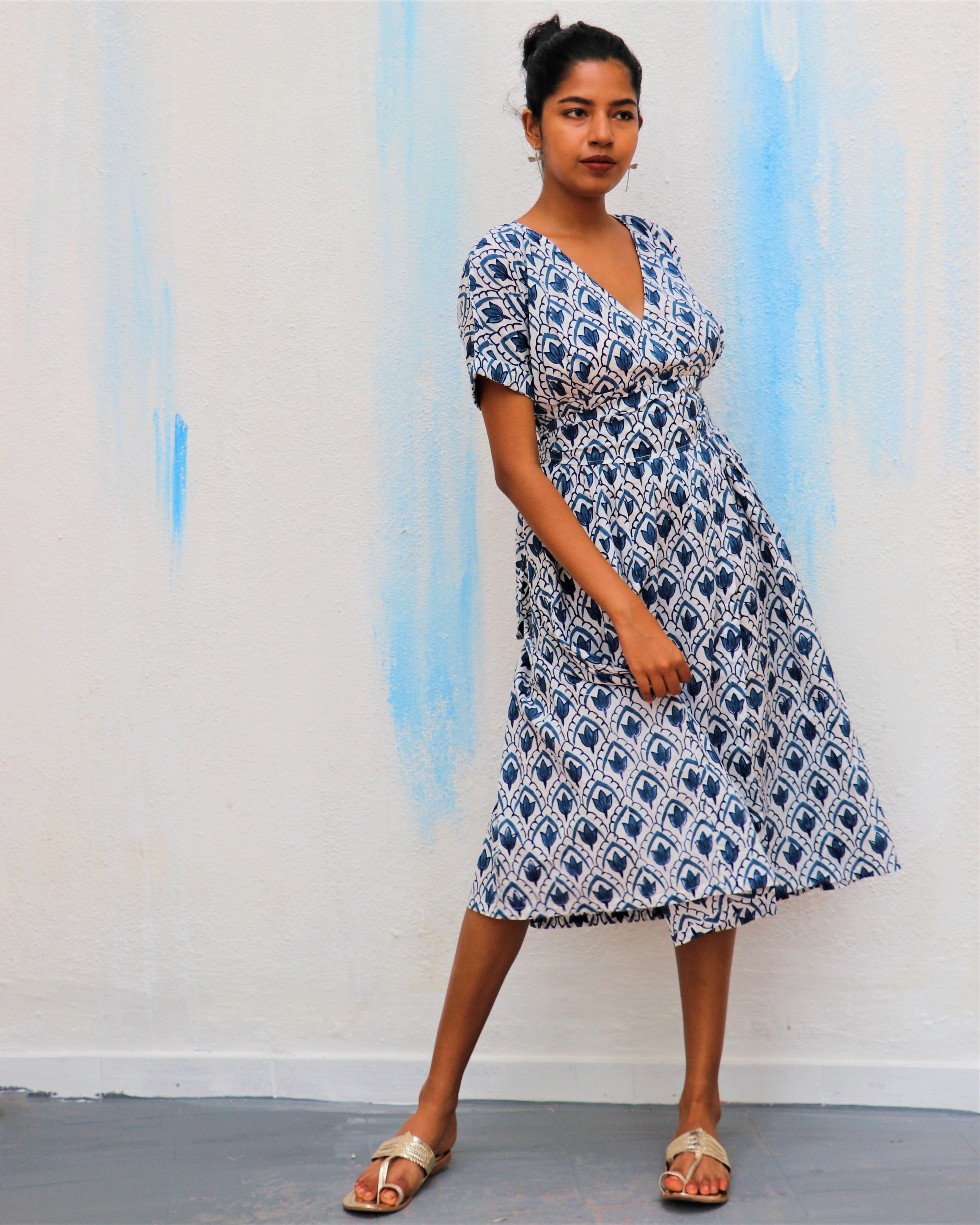 Ivory Leaves Block Printed Cotton Slit Dress - Wic