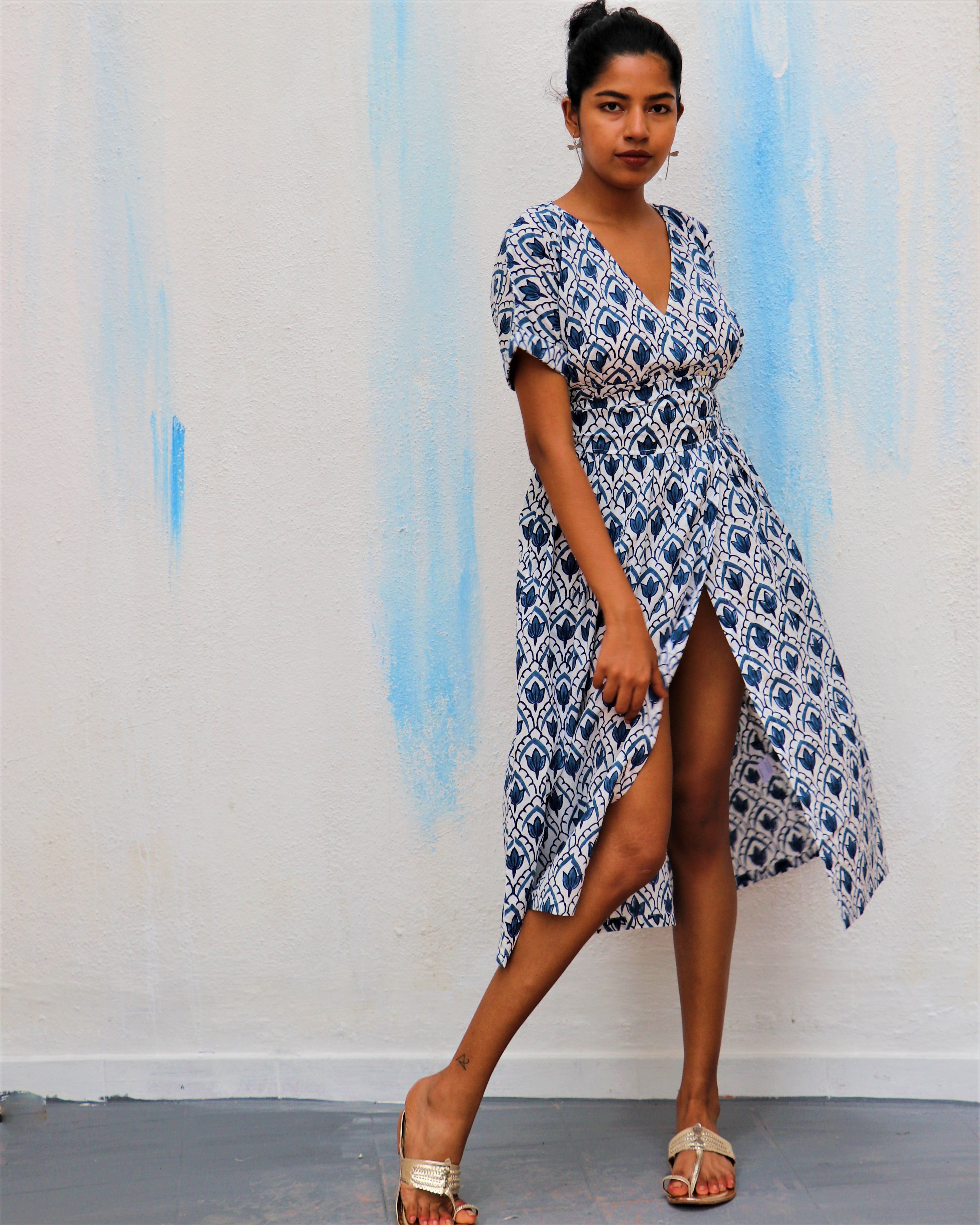 Ivory Leaves Block Printed Cotton Slit Dress - Wic