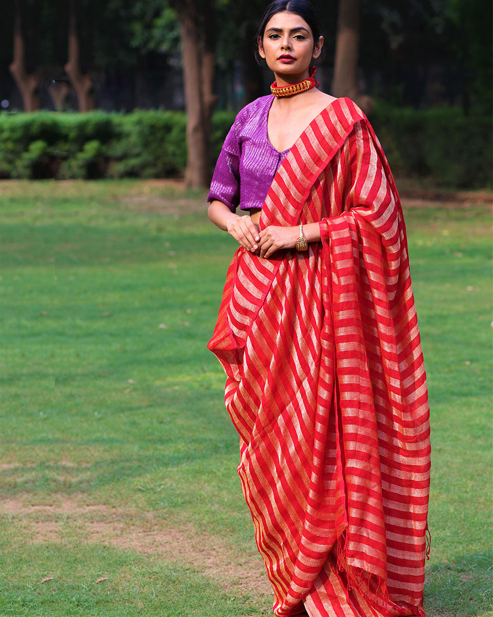 Gulmohar Handwoven Linen Saree - Bageecha