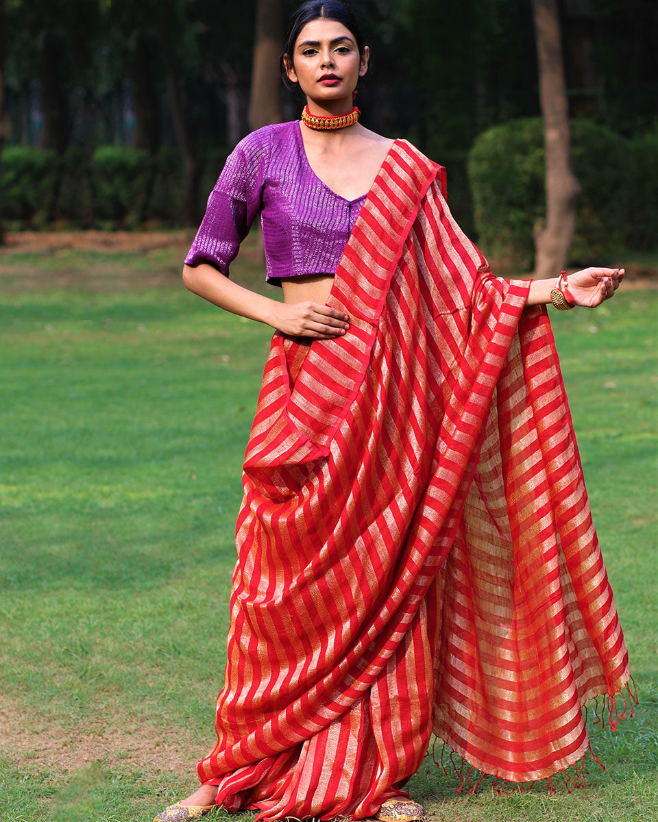 Gulmohar Handwoven Linen Saree - Bageecha