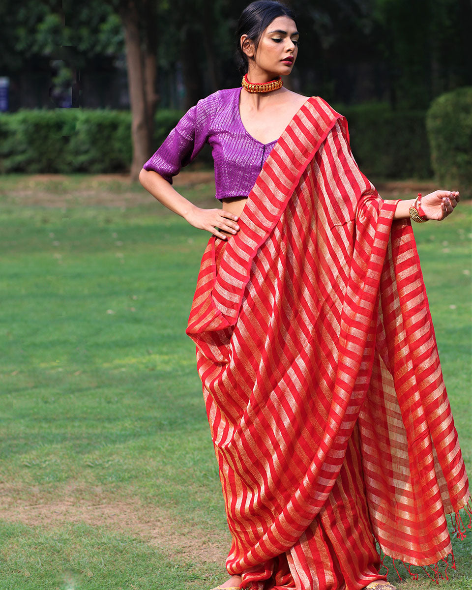 Gulmohar Handwoven Linen Saree - Bageecha