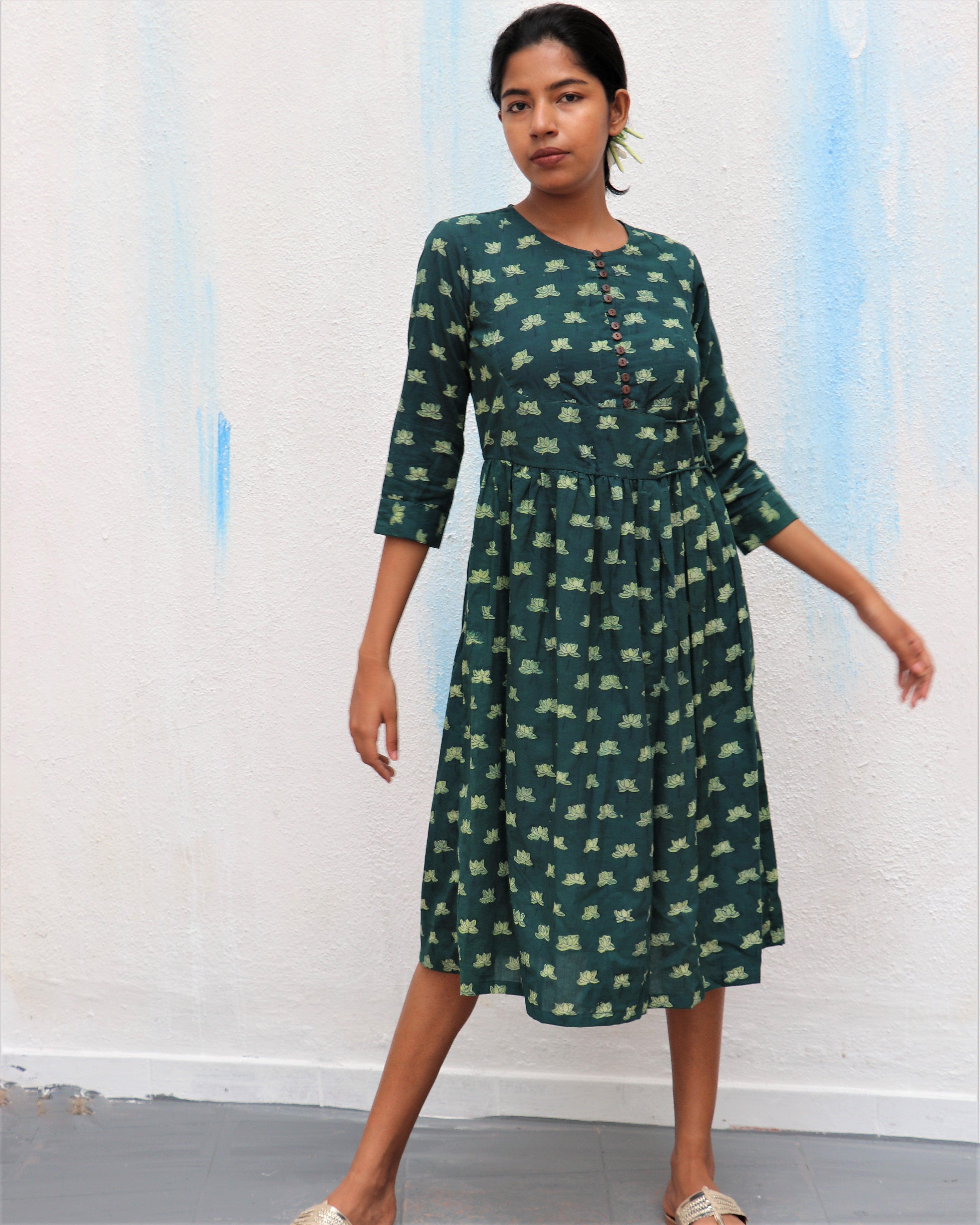 Buy Green Handprinted Cotton Dress | Dresses | Dress women Buy Green Handprinted Cotton Dress | Dresses | Dress women