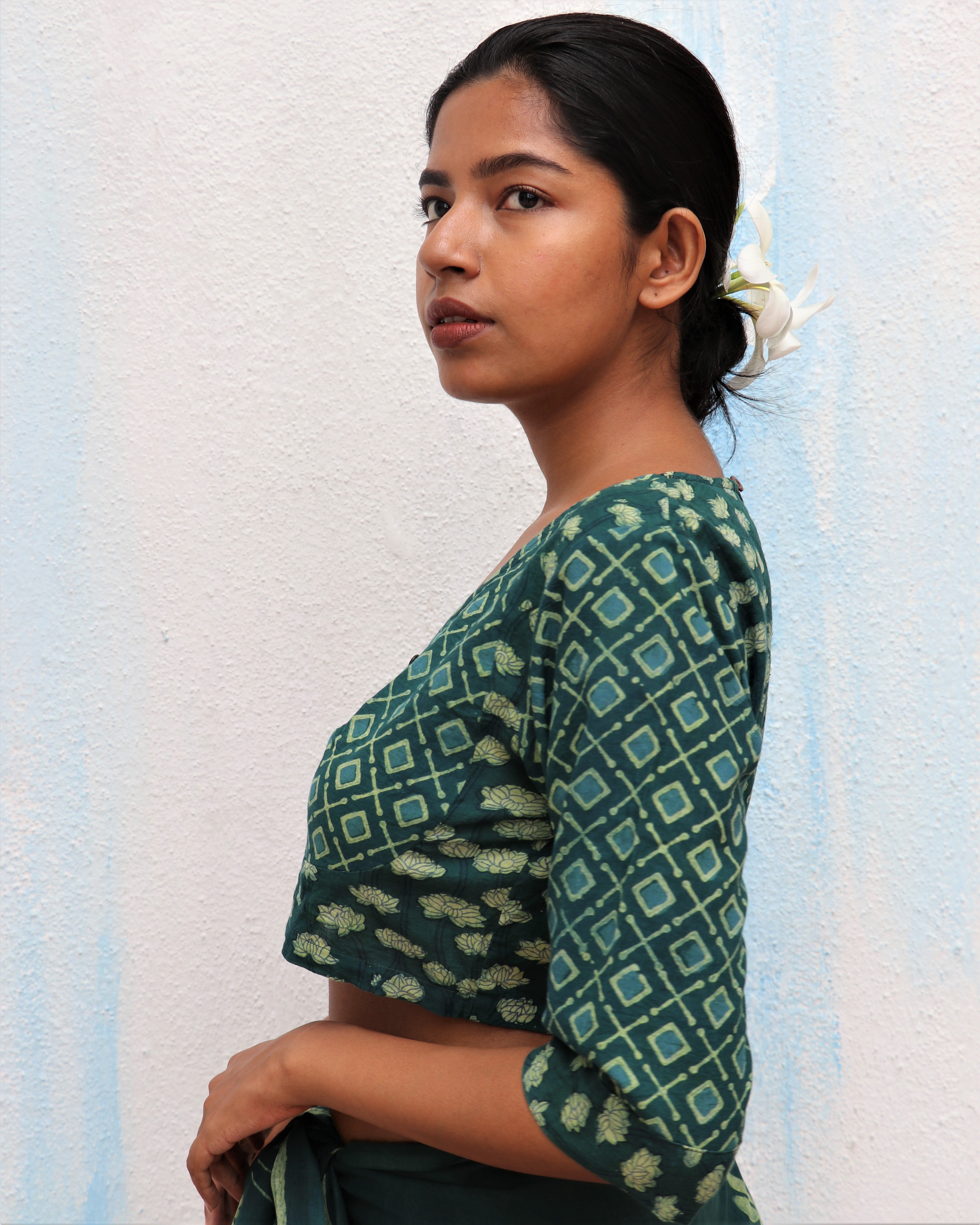 Green Diamond Bloom Block Printed Cotton Blouse - For