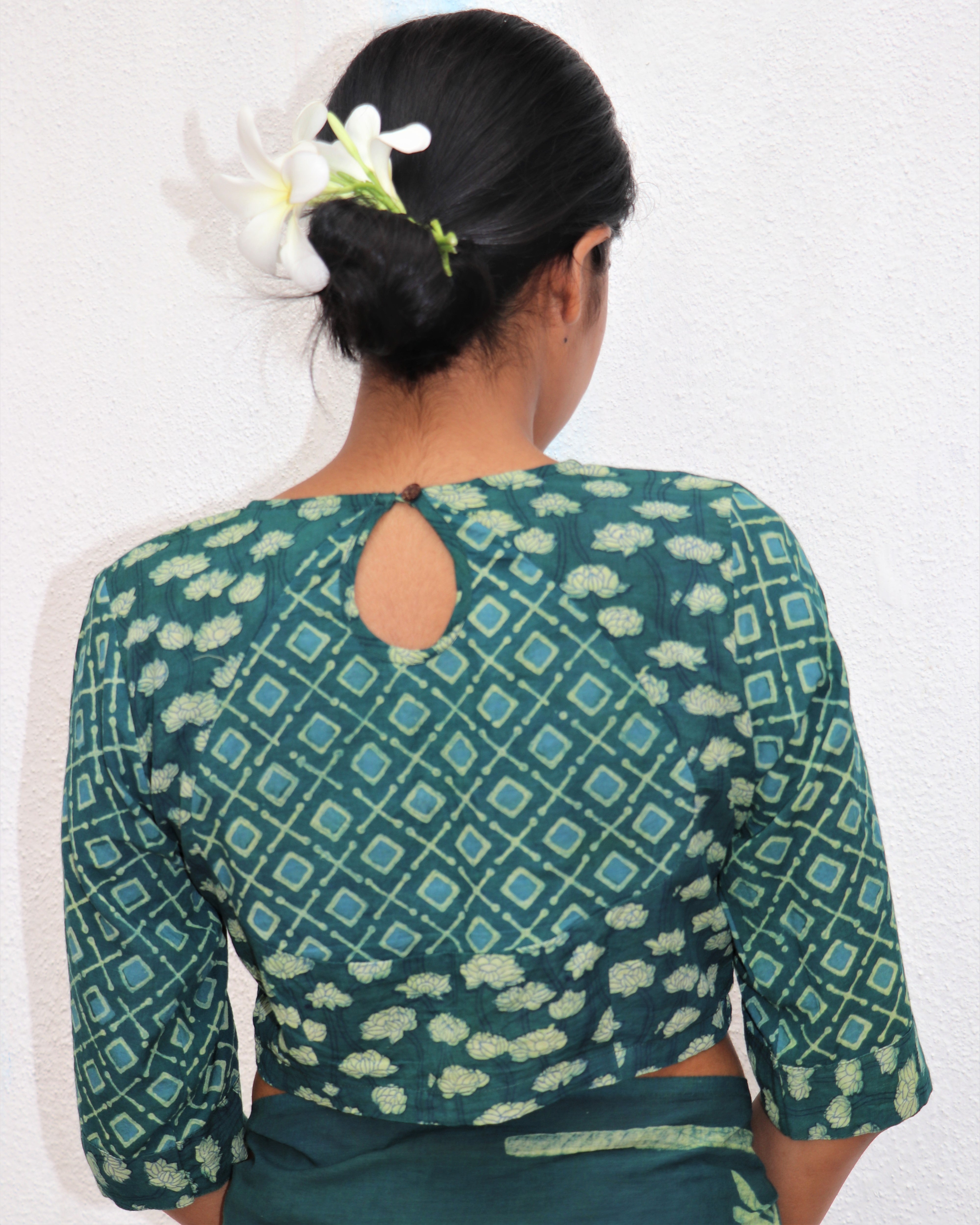 Green Diamond Bloom Block Printed Cotton Blouse - For