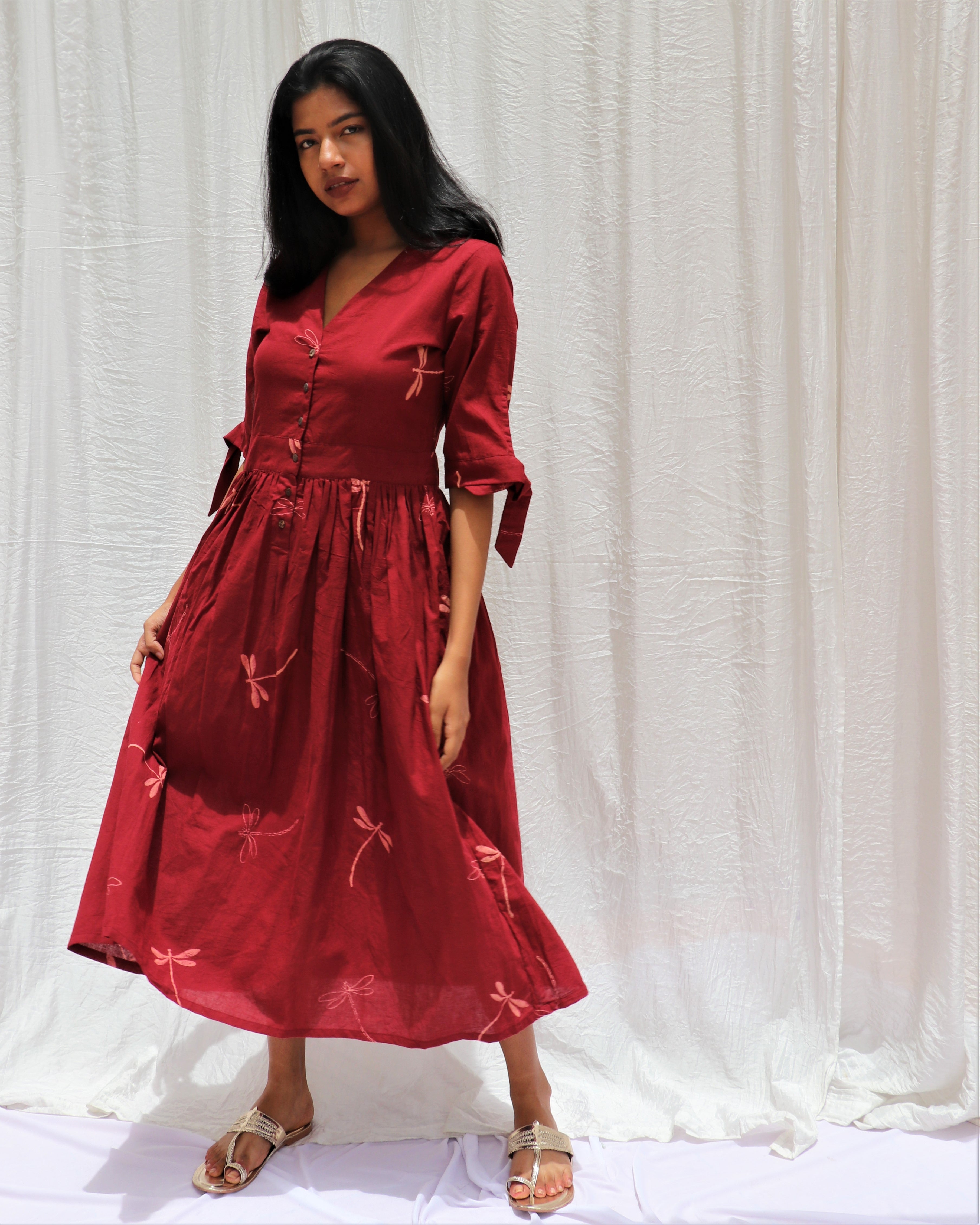 Maroon Dragonfly Block Printed Cotton Dress -Symphony