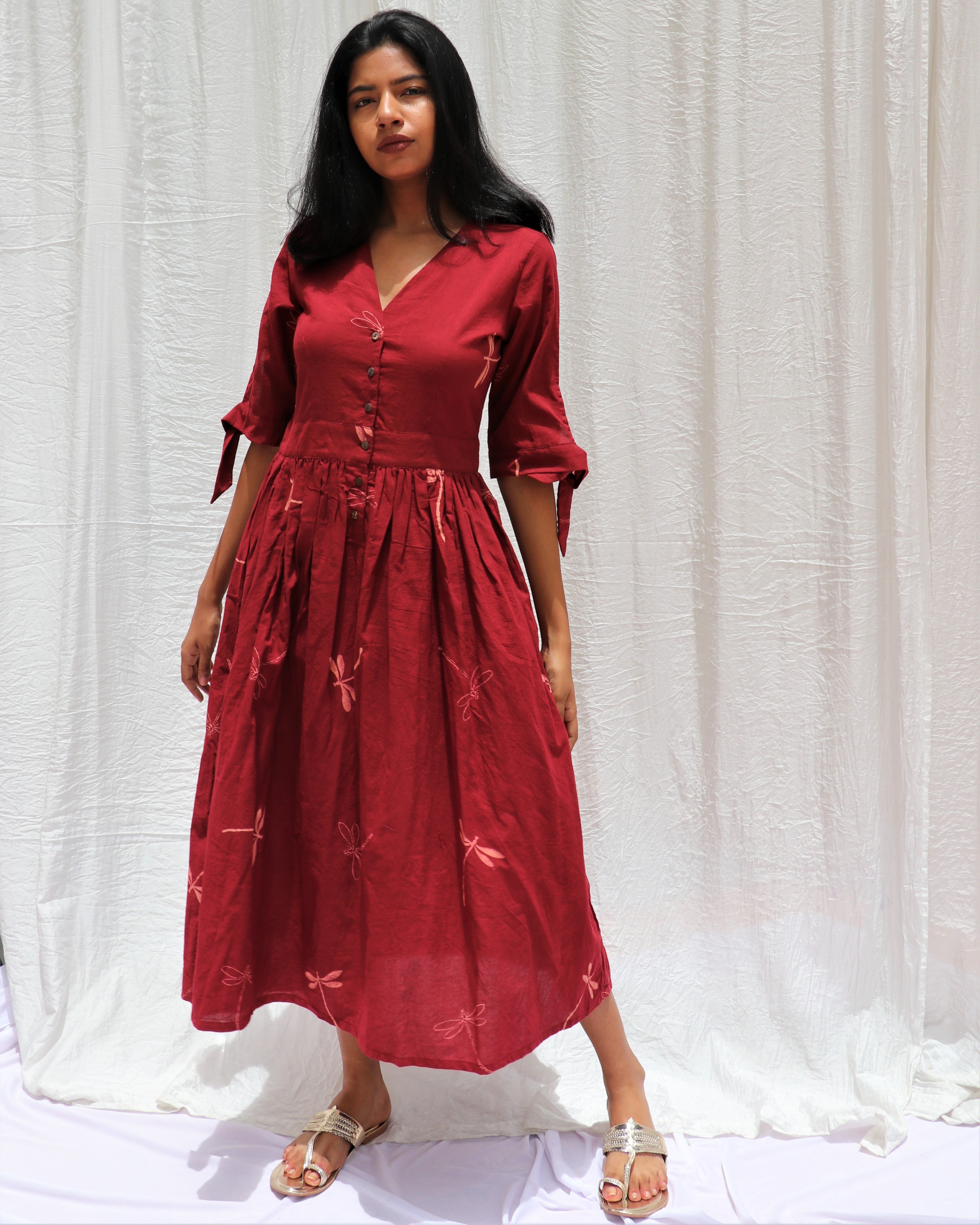 Maroon Dragonfly Block Printed Cotton Dress -Symphony