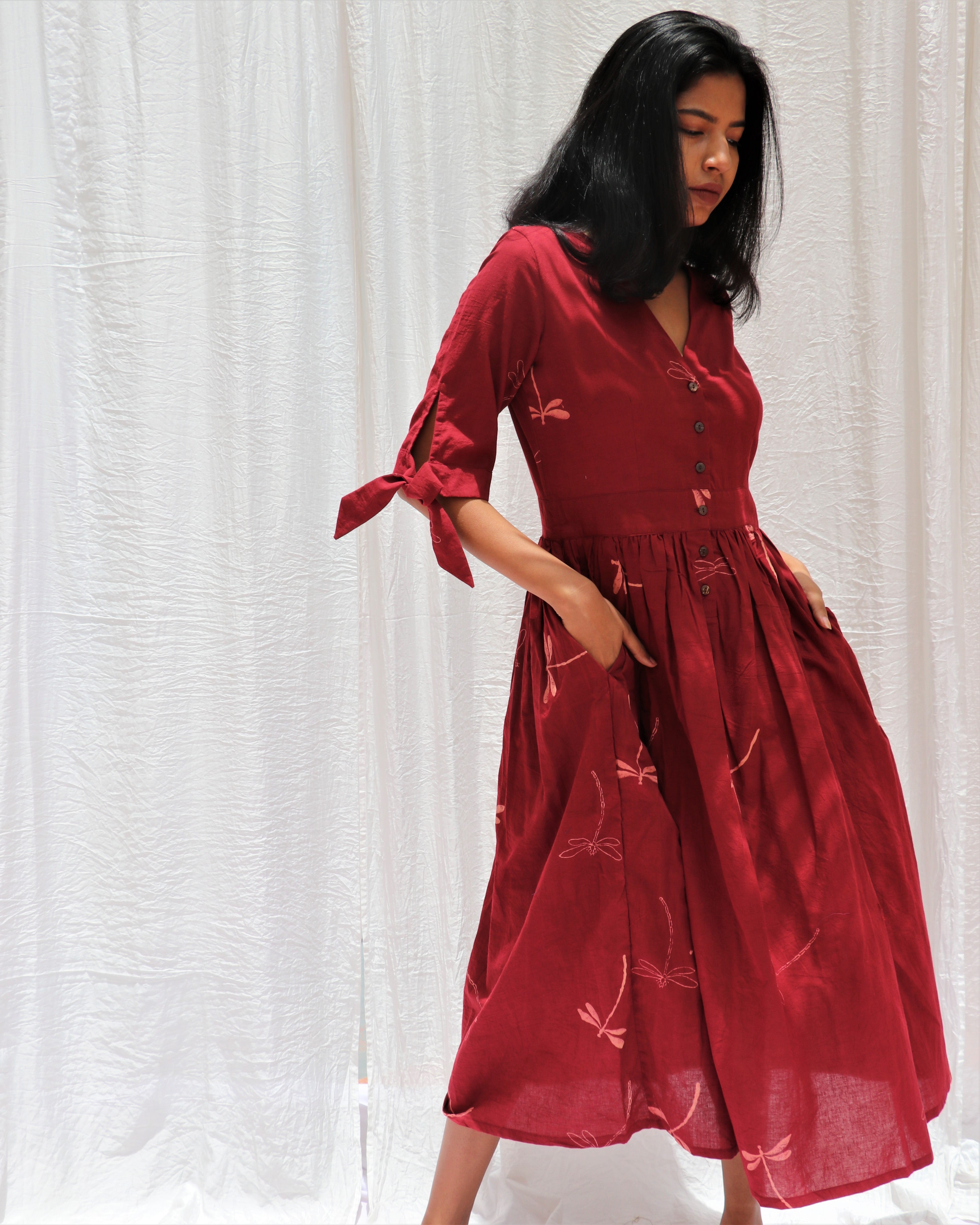 Maroon Dragonfly Block Printed Cotton Dress -Symphony