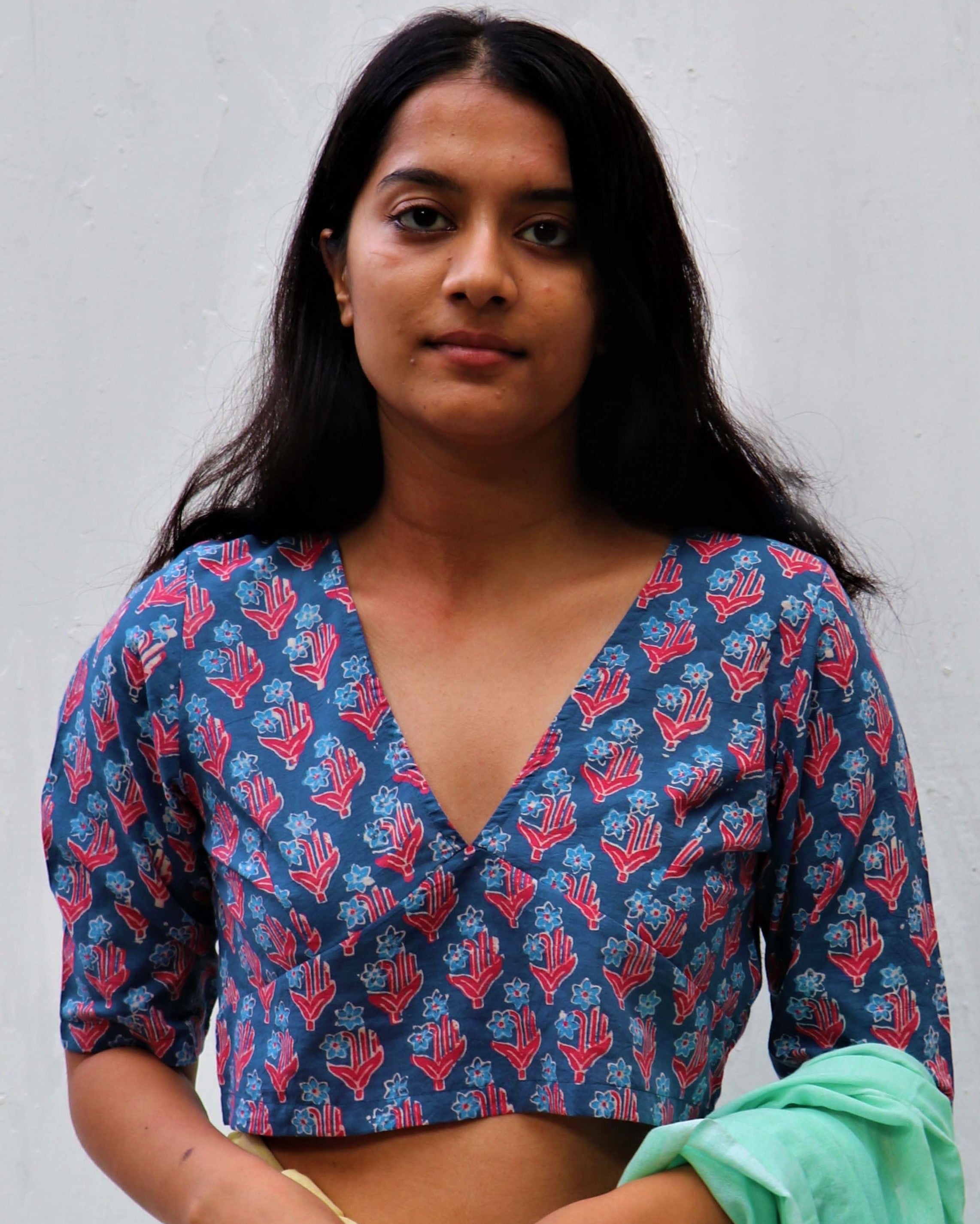 Midnight Calm Hand Block-Printed Cotton Blouse - Neelanjali