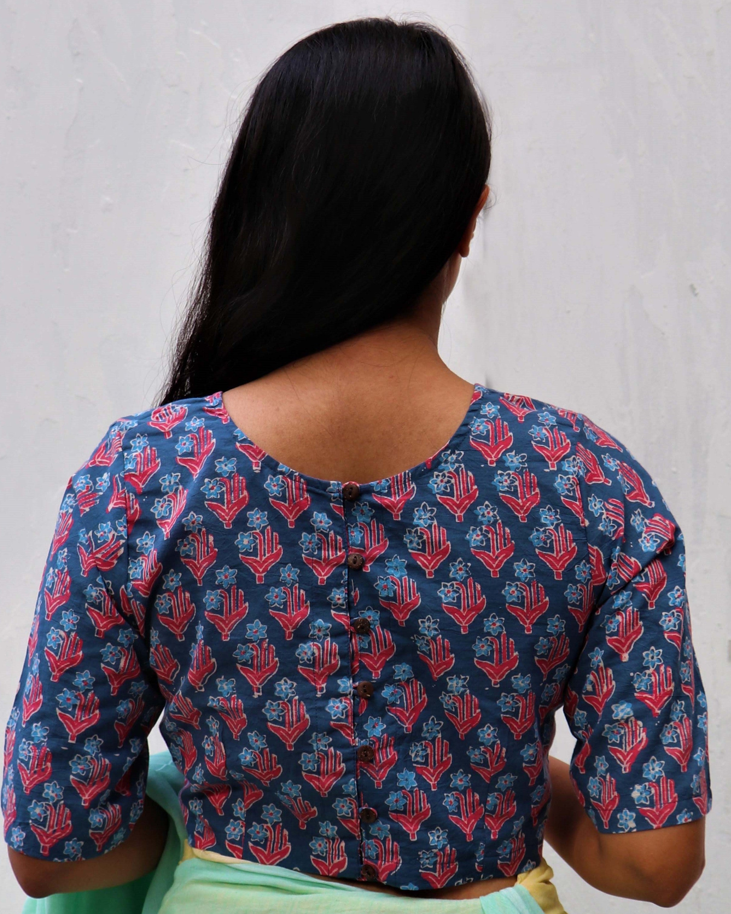 Midnight Calm Hand Block-Printed Cotton Blouse - Neelanjali