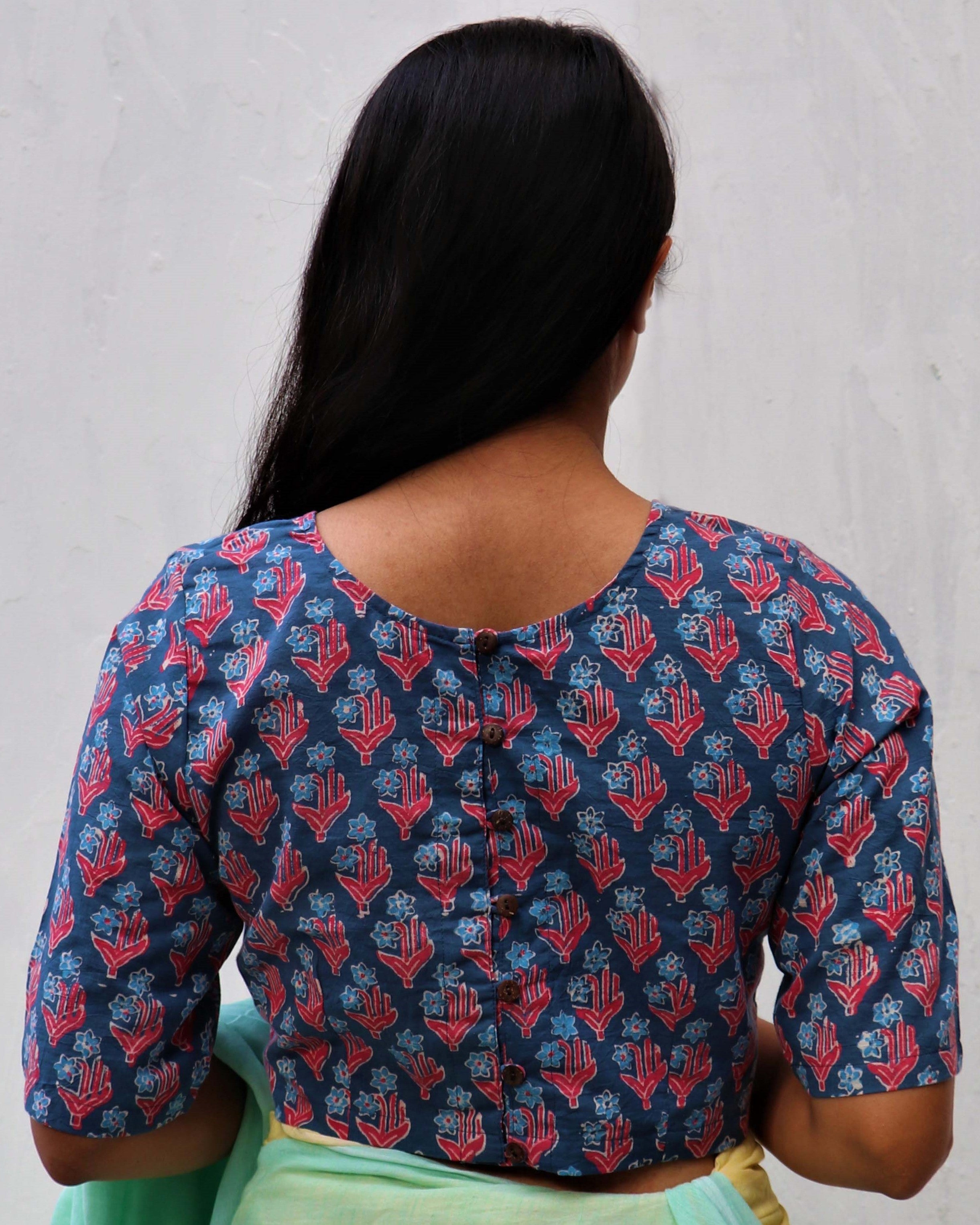 Midnight Calm Hand Block-Printed Cotton Blouse - Neelanjali