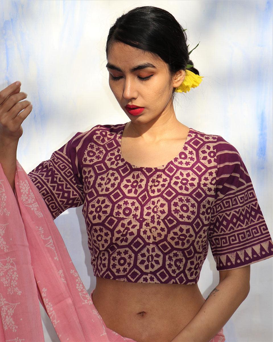 Purple Handprinted Pure Cotton Crop Top Blouse -Skd