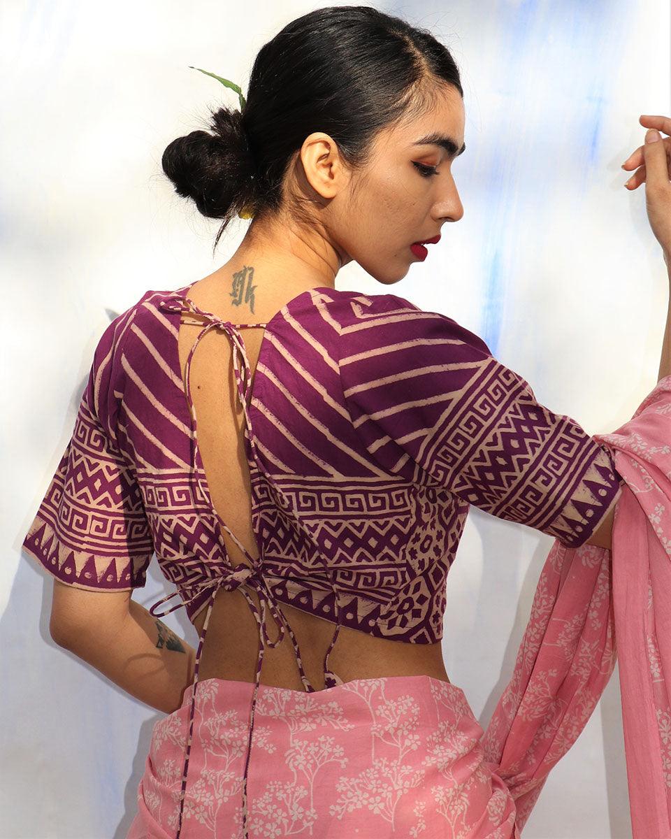 Purple Handprinted Pure Cotton Crop Top Blouse -Skd