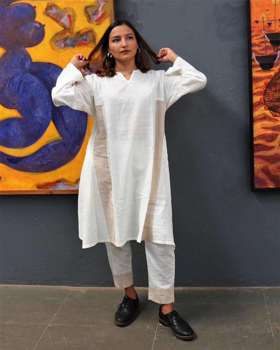 Handwoven Cotton Milk Kurta Set-Mog