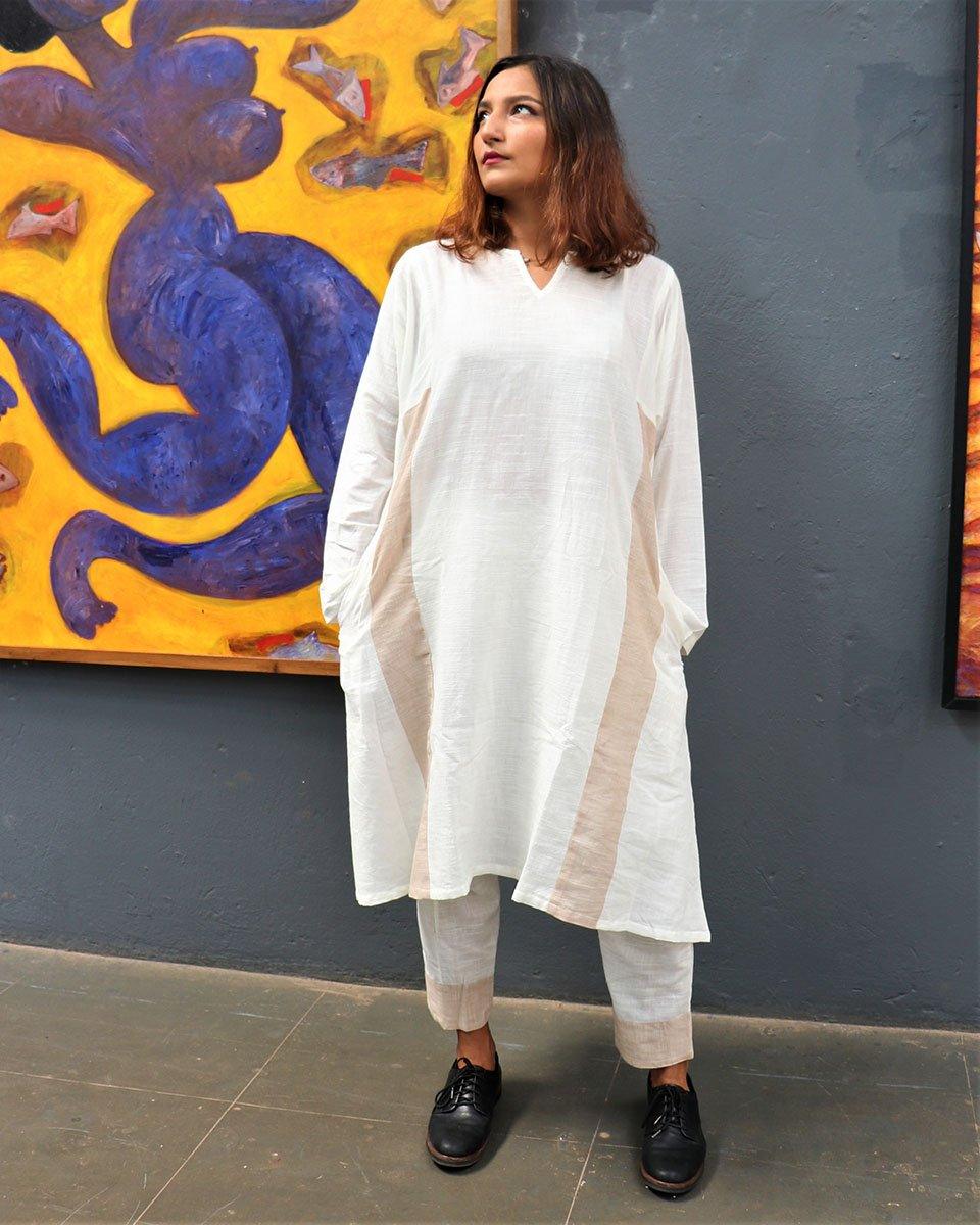 Handwoven Cotton Milk Kurta Set-Mog