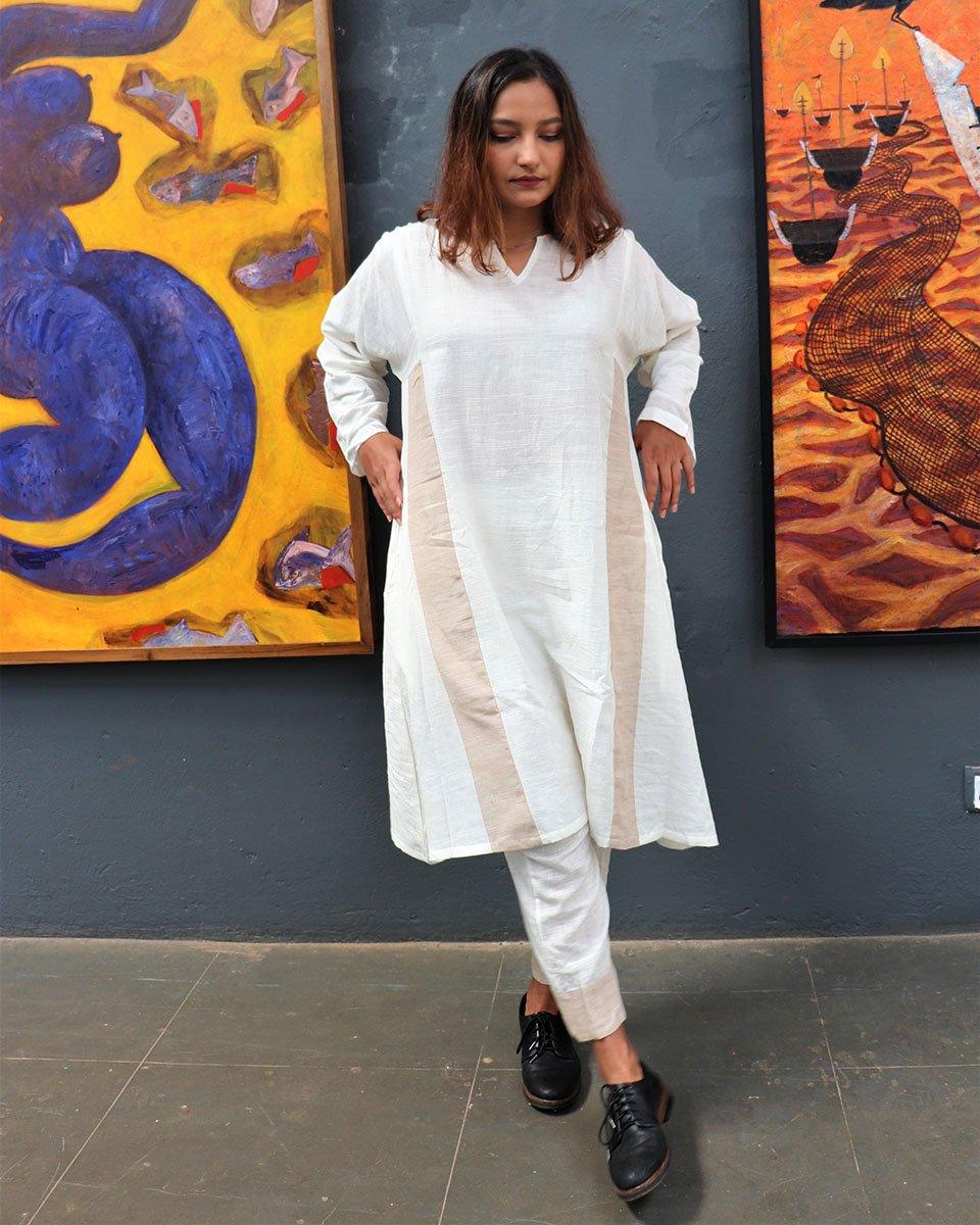 Handwoven Cotton Milk Kurta Set-Mog