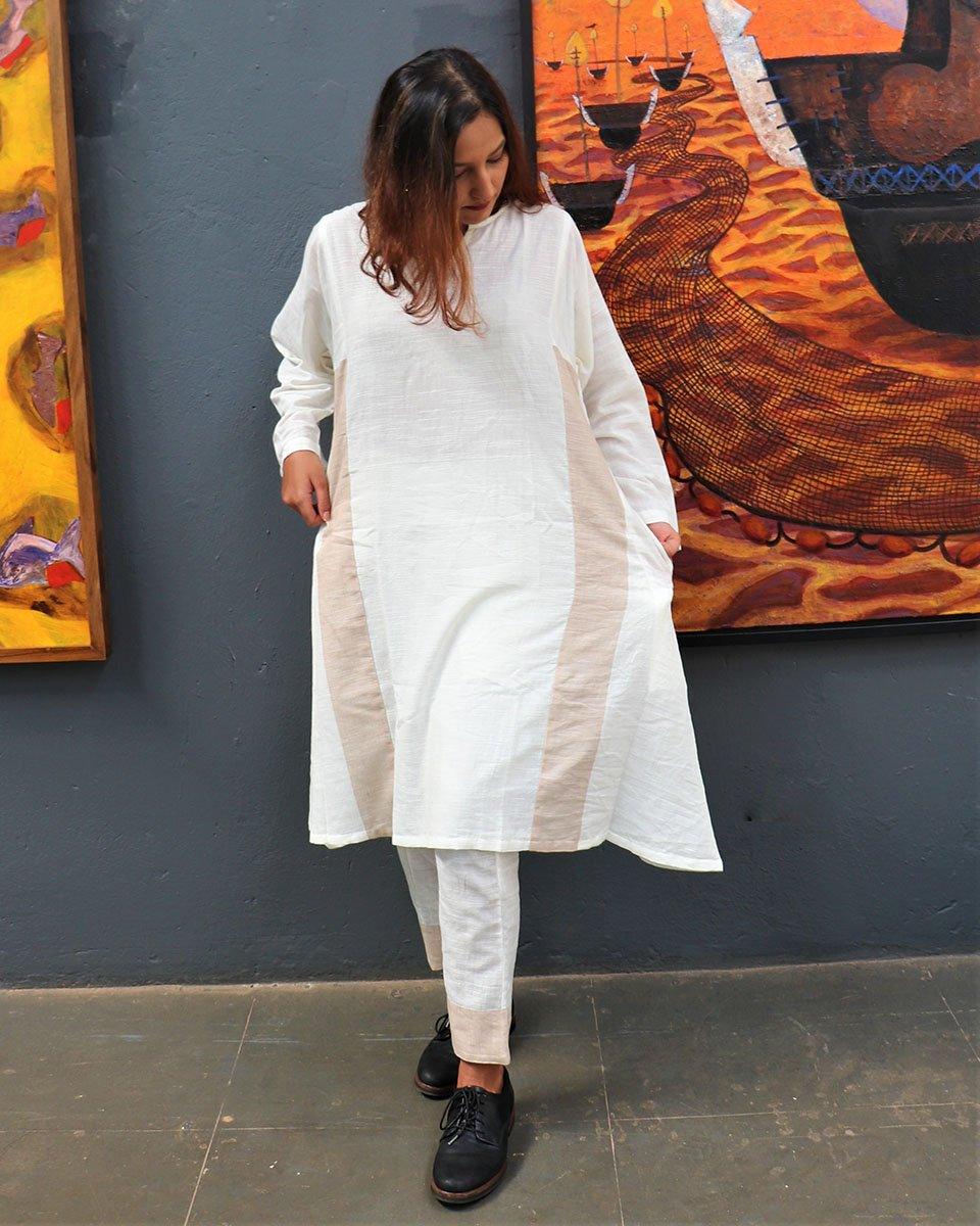 Handwoven Cotton Milk Kurta Set-Mog