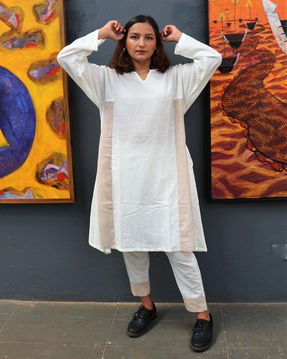 Handwoven Cotton Milk Kurta Set-Mog