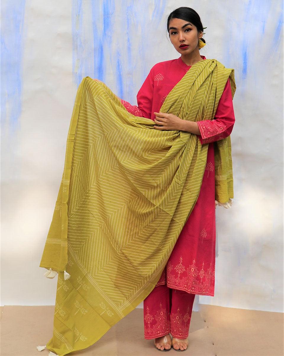 Parrot Green Handprinted Pure Cotton Dupatta -Skd