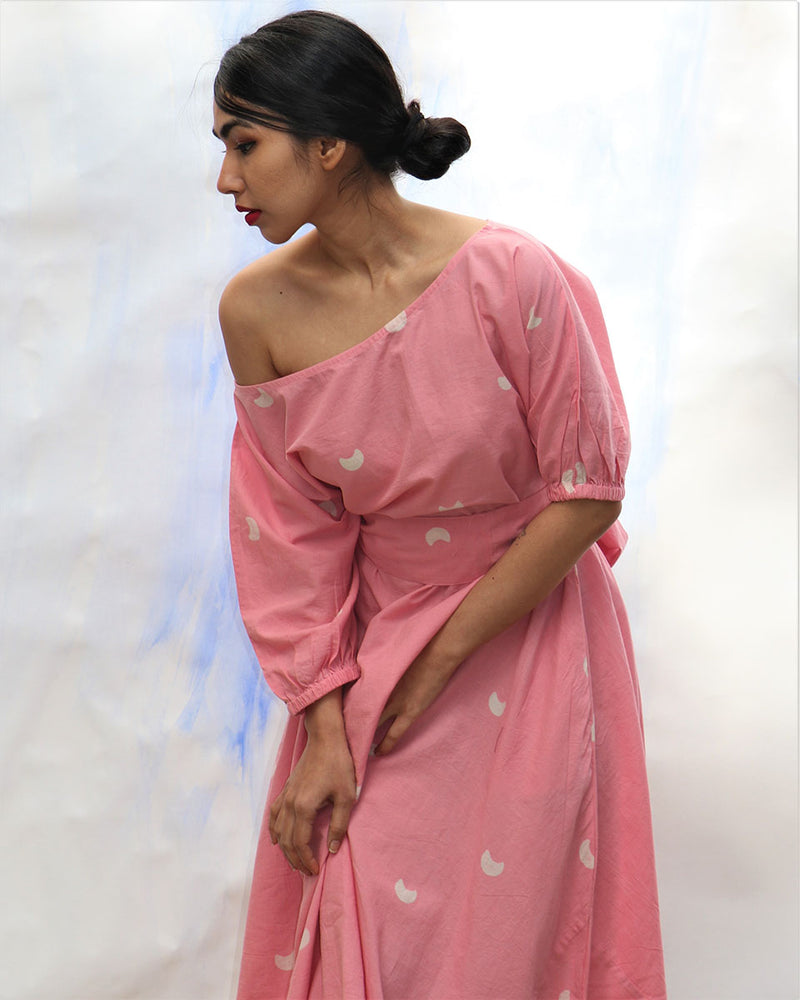 Pink Handprinted Off Shoulder Pure Cotton Dress -Skd