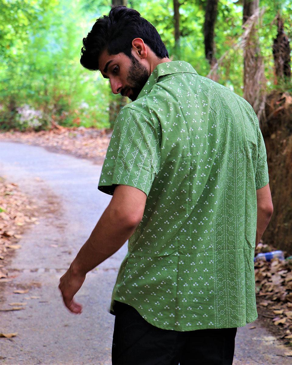 Olive Green Block Printed Cotton Half-Sleeved Shirt