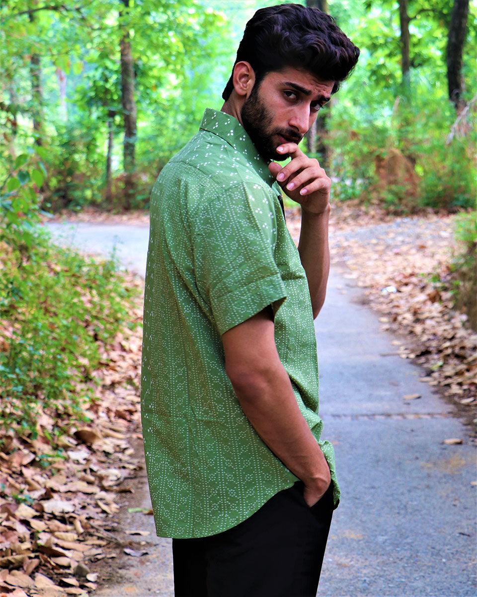 Olive Green Block Printed Cotton Half-Sleeved Shirt