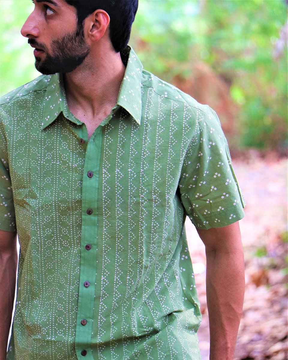 Olive Green Block Printed Cotton Half-Sleeved Shirt