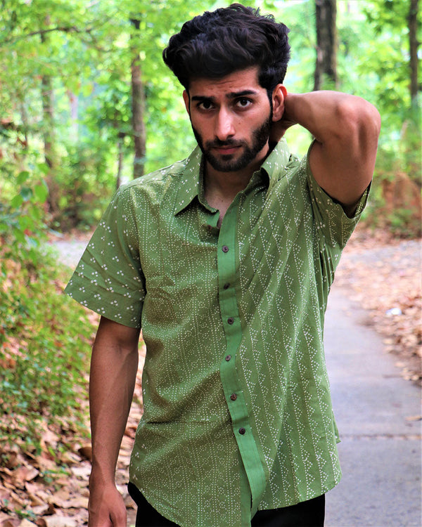 Olive Green Block Printed Cotton Half-Sleeved Shirt